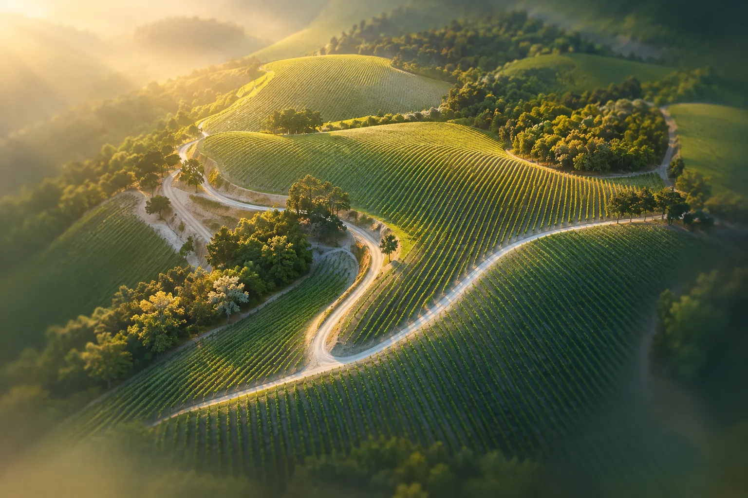 Vue aérienne d'un coteau planté de vignes, au soleil rasant